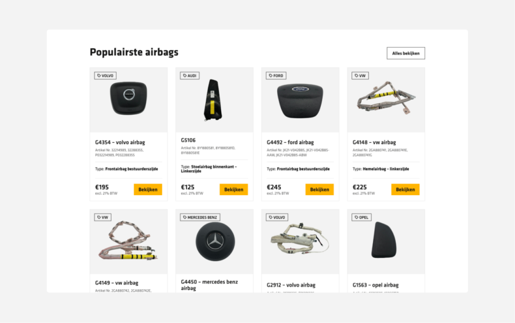 Een productoverzichtspagina met populaire airbags van verschillende merken, zoals Volvo, Audi, Ford, VW en Mercedes-Benz, met prijzen en bestelknoppen.