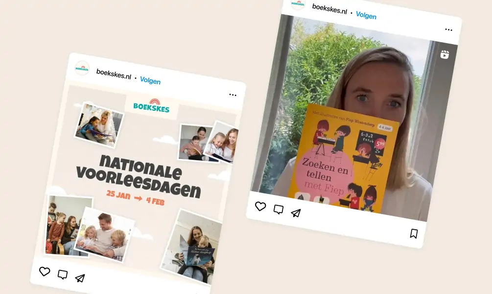 Twee Instagram posts van Boekskes, één over de Nationale Voorleesdagen en de andere met een vrouw die een kinderboek omhoog houdt.