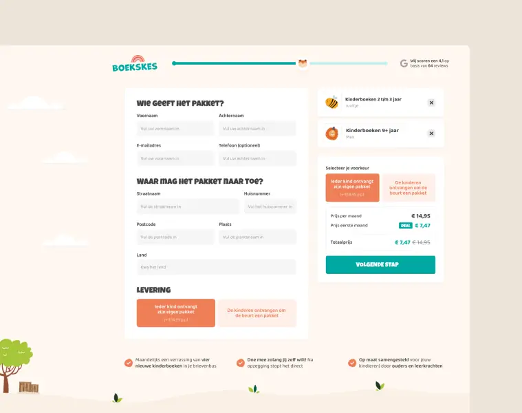Een online bestelformulier voor het Boekskes kinderboekenabonnement, waarin gebruikers hun gegevens kunnen invullen en boekpakketten kunnen selecteren.