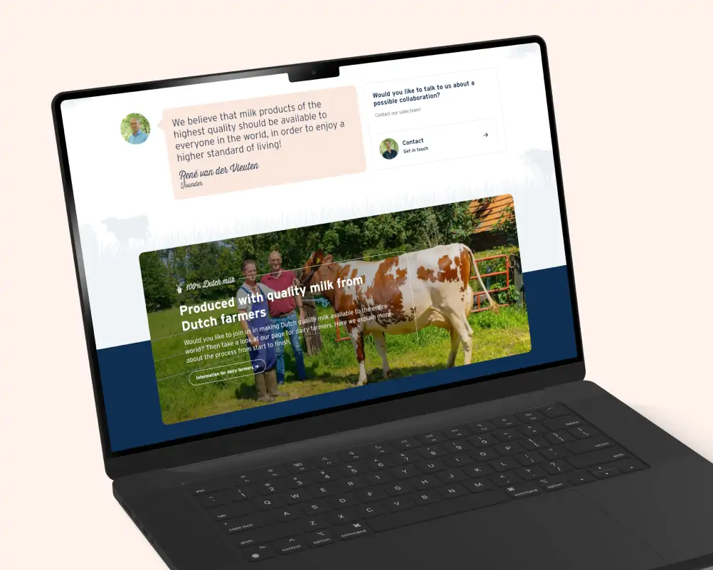 Een laptop met de samenwerkingpagina van Globemilk, met een afbeelding van Nederlandse melkveehouders en een koe in een weiland.