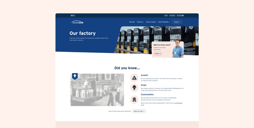 Een screenshot van de Globemilk-website met een fabriekspagina, waarop informatie over groei, oorsprong en duurzaamheid wordt getoond.