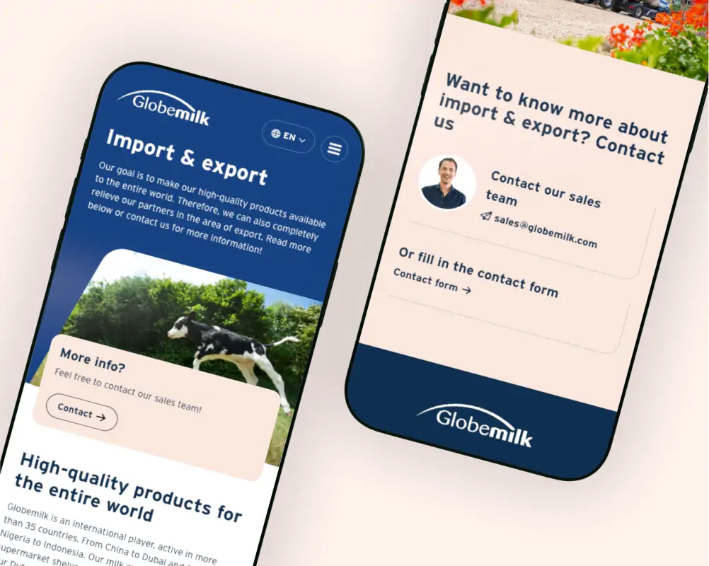 Twee smartphones met de import & export pagina van Globemilk, met contactgegevens en een afbeelding van een koe in een weiland.