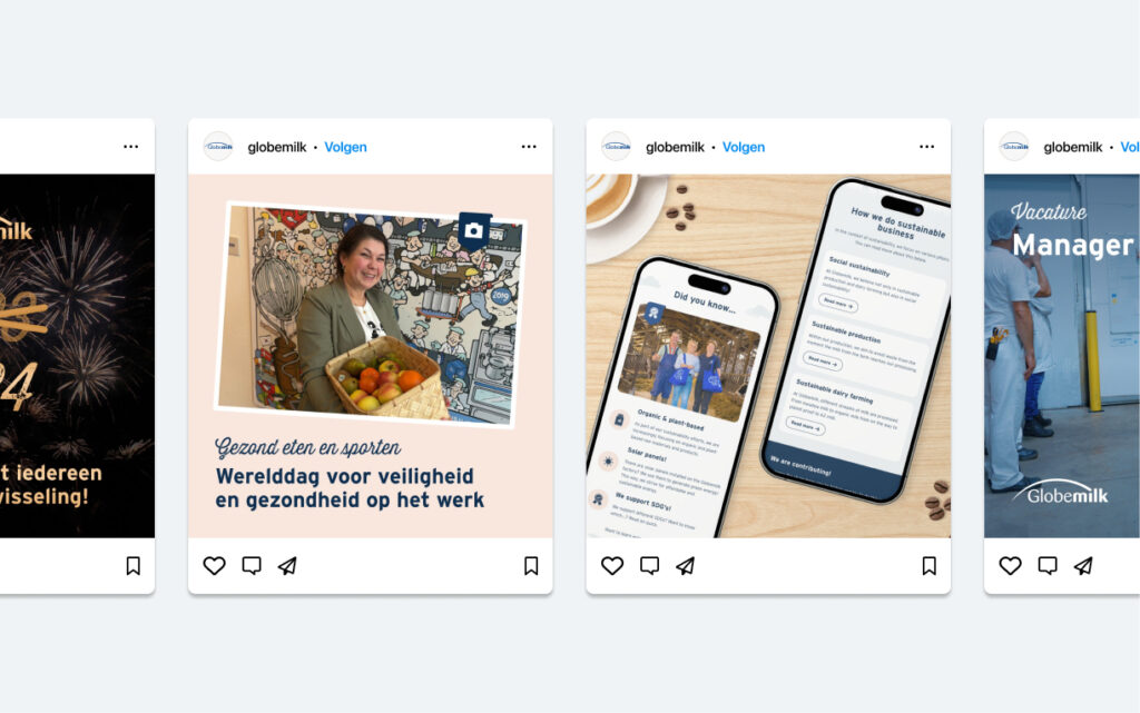 Vier Instagram-posts van Globemilk met verschillende thema’s, zoals nieuwjaarswensen, gezonde voeding, duurzaamheid en een vacature.