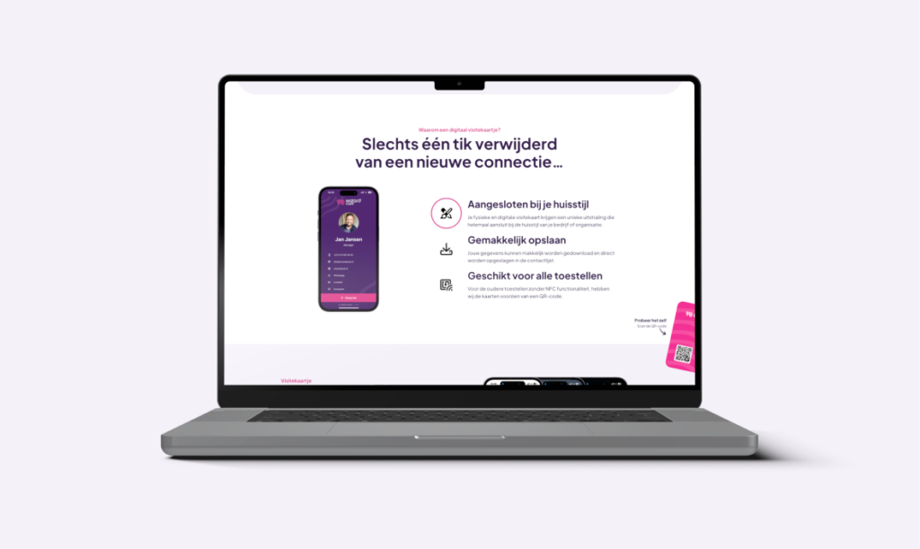 Een laptop met een open webpagina van Wizard Card, waarop een paarse en witte interface wordt getoond met een afbeelding van een smartphone en tekst over de digitale visitekaartjeservice.