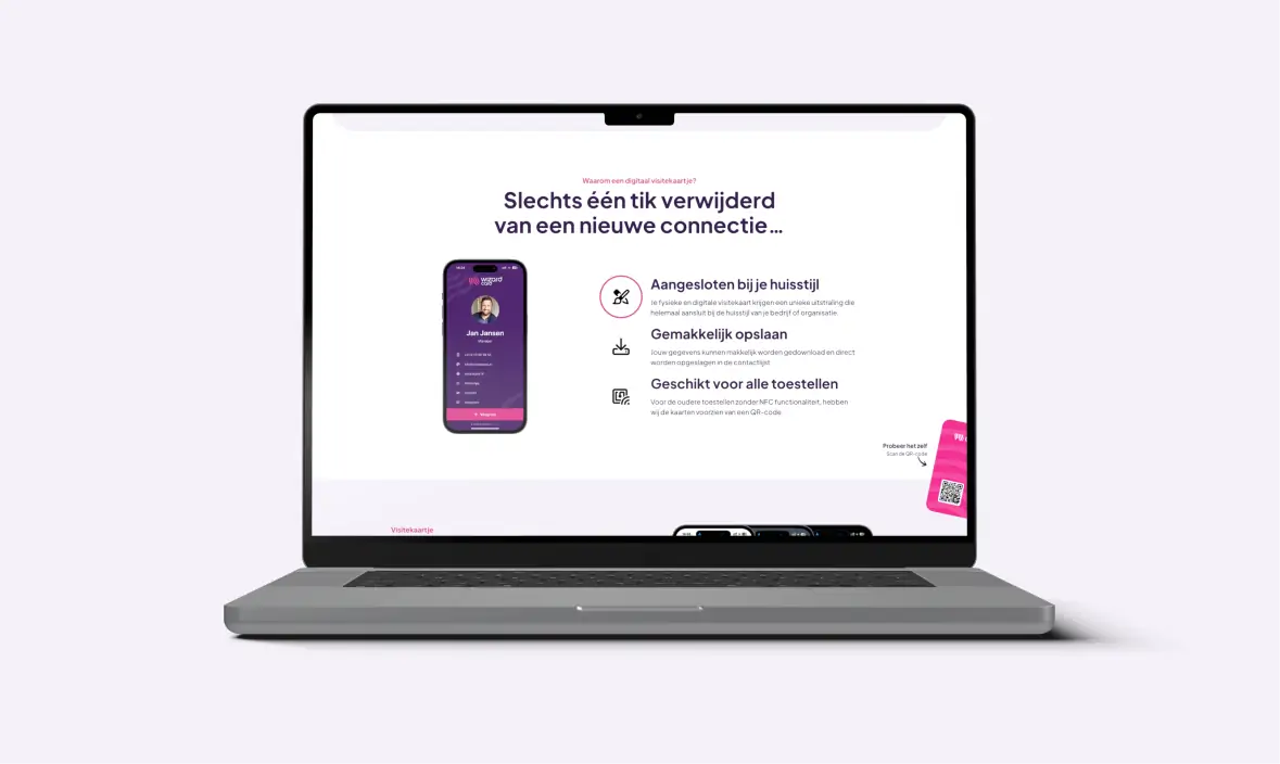 Een laptop met een open webpagina van Wizard Card, waarop een paarse en witte interface wordt getoond met een afbeelding van een smartphone en tekst over de digitale visitekaartjeservice.