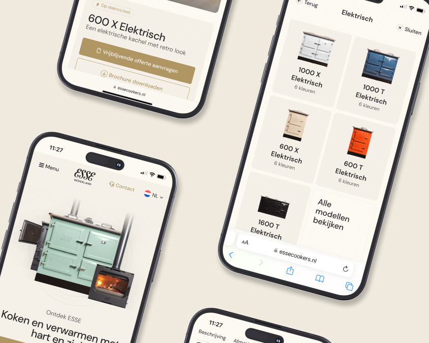 Vier smartphones met verschillende schermen van de ESSE Cookers website, waarop elektrische fornuizen worden weergegeven in diverse modellen en kleuren.