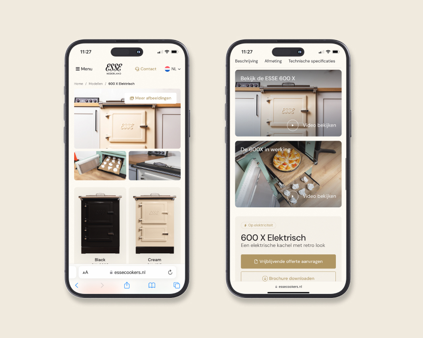 Twee smartphones met de mobiele productpagina van ESSE Cookers, waarop verschillende elektrische fornuizen worden weergegeven met productafbeeldingen en beschrijvingen.