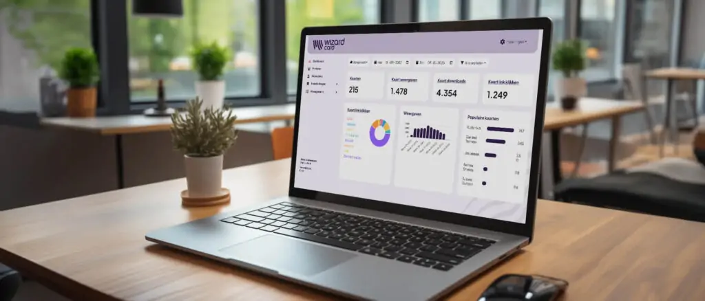 Een laptop op een houten tafel met een open dashboardinterface, waarop verschillende grafieken en statistieken te zien zijn.