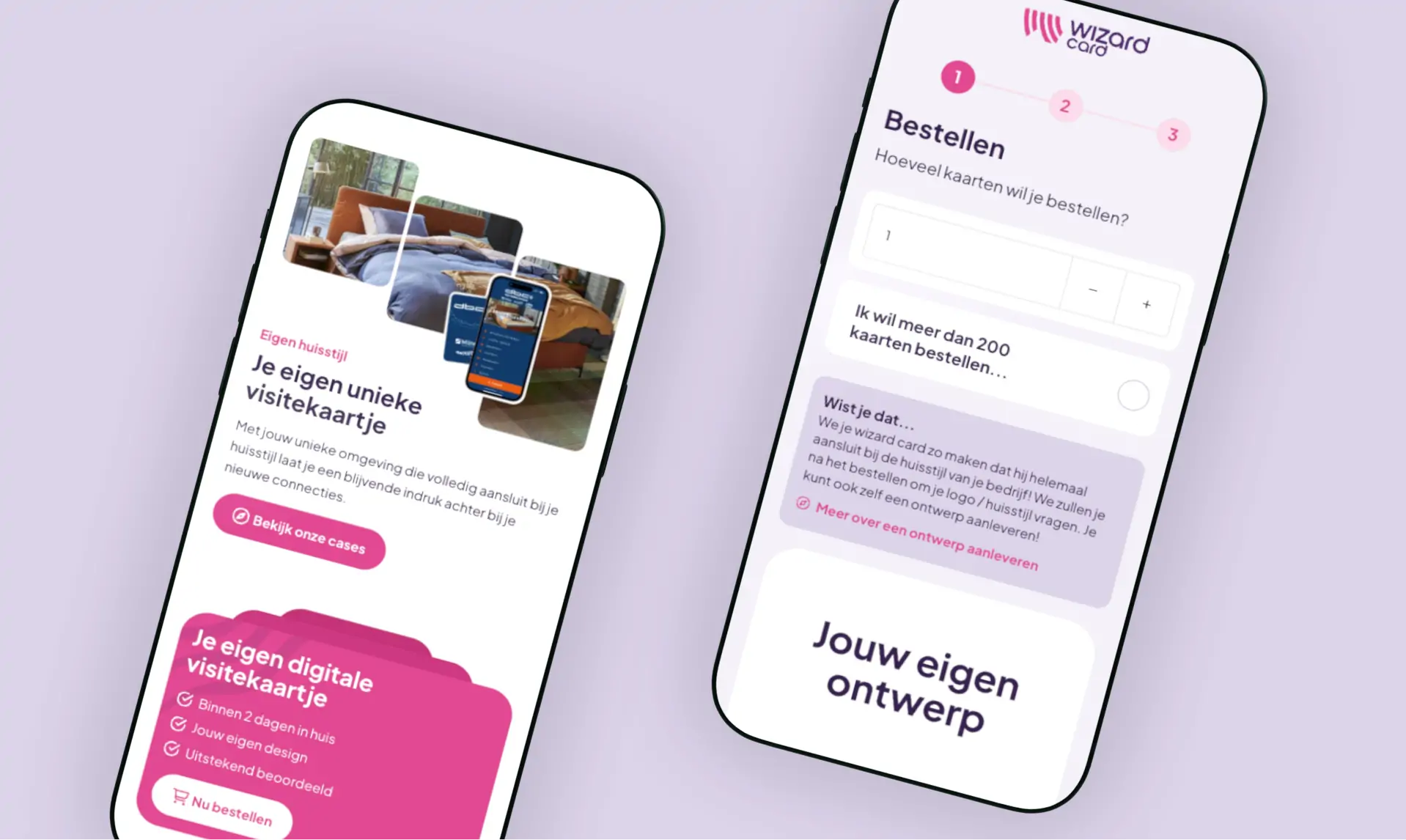 Twee smartphones met de bestelpagina van Wizard Card, waarop gebruikers hun eigen digitale visitekaartje kunnen ontwerpen en bestellen.