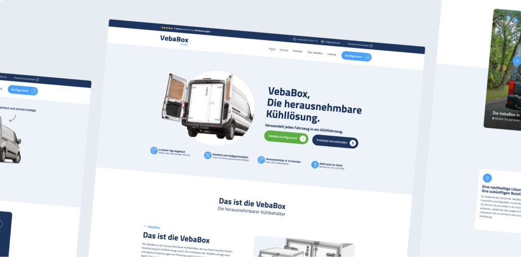 Schermafbeelding van de VebaBox-website, met een witte bestelwagen met open laadruimte en een uitneembare koeloplossing. De website heeft een wit en blauw ontwerp en biedt bestelopties.