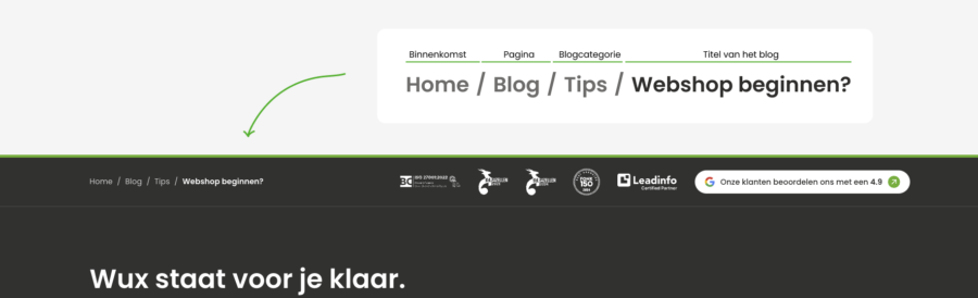 Breadcrumbs zijn kleine navigatielinks die laten zien waar een gebruiker zich op een website bevindt en hoe ze daar zijn gekomen