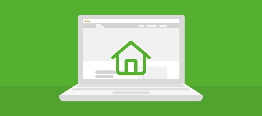 Een illustratie van een laptop met een website-interface, inclusief een groen huis-icoon op het scherm