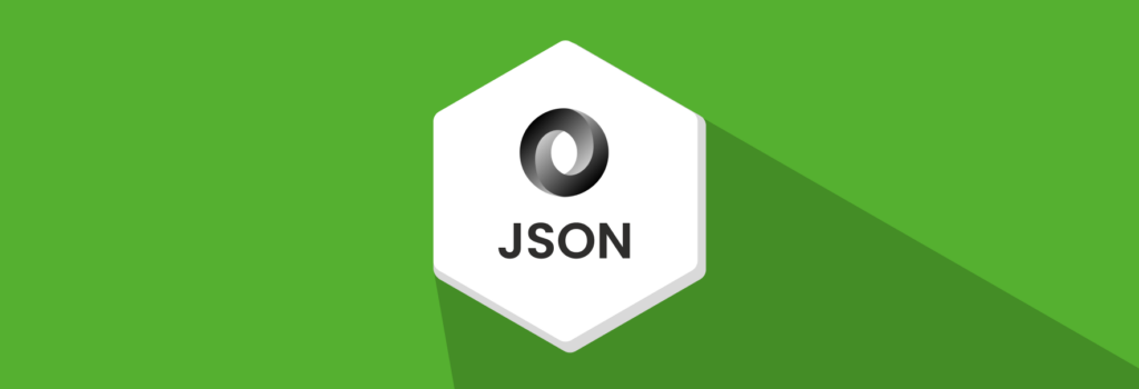 Een hexagonaal pictogram met "JSON" in zwarte letters op een witte achtergrond, met een groene achtergrond en lange schaduw