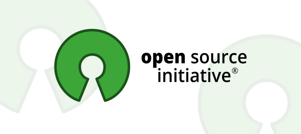 Een logo van de Open Source Initiative met een groene open-source sleutelgatvorm en tekst "open source initiative"