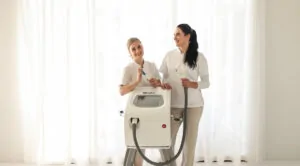 Twee huidtherapeuten in witte uniformen poseren met een professionele medische huidbehandelingsmachine in een lichte ruimte.