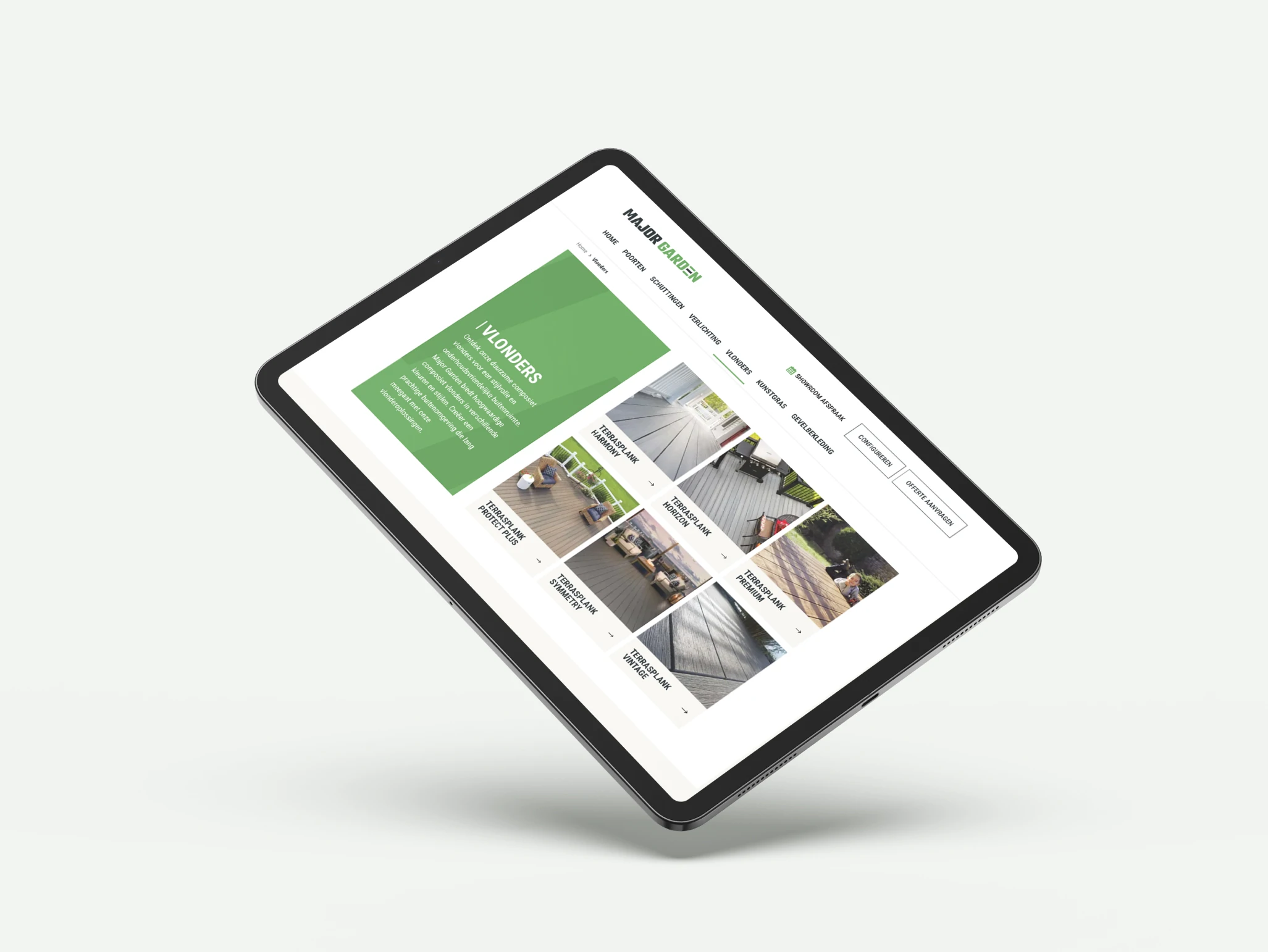Een zwevende tablet met een tuinproducten-website met een groene interface.