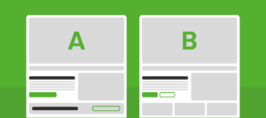 Een illustratie van twee versies van een webpagina, aangeduid als "A" en "B", met verschillen in opmaak en knoppen