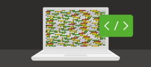 Illustratie van een laptop met kleurrijke code op het scherm en een groen code-icoon met witte haakjes ernaast.