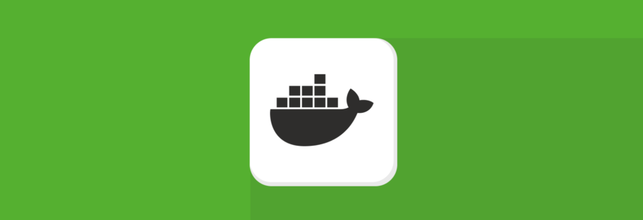 Logo van Docker, met een zwarte walvis waarop containers gestapeld zijn, op een witte achtergrond met een groene omlijsting.