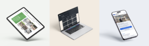 Drie mockups van websites getoond op verschillende apparaten: een tablet, een laptop en een smartphone. Elke mockup laat een unieke website en lay-out zien, aangepast aan het specifieke schermformaat.