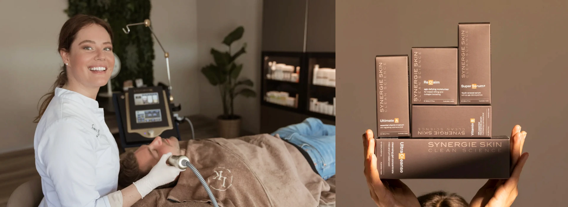 Links een huidtherapeut die een behandeling uitvoert op een cliënt, rechts een hand die Synergie Skin huidverzorgingsproducten vasthoudt.