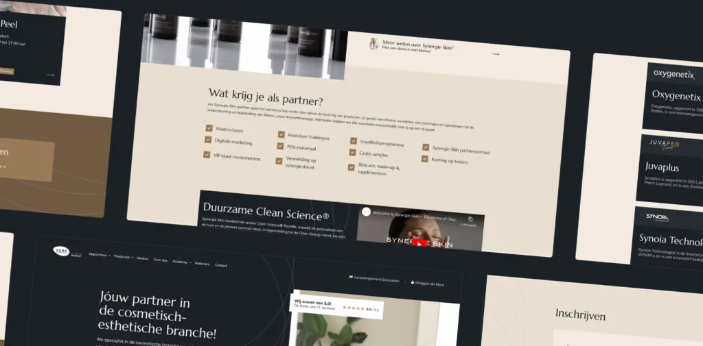 Meerdere overlappende website-secties met voordelen van partnerschap bij Synergie Skin.