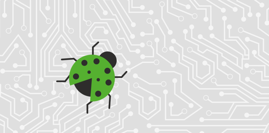 Een groen lieveheersbeestje zit op het moederbord van een computer.