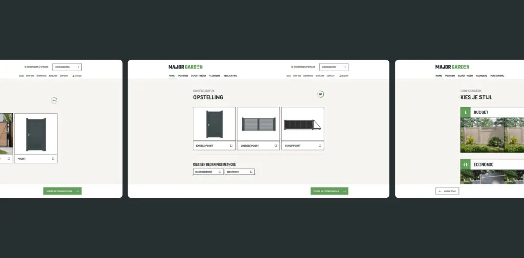 Een configuratiescherm voor tuinpoorten en schuttingen met verschillende stijlen en kleuren.