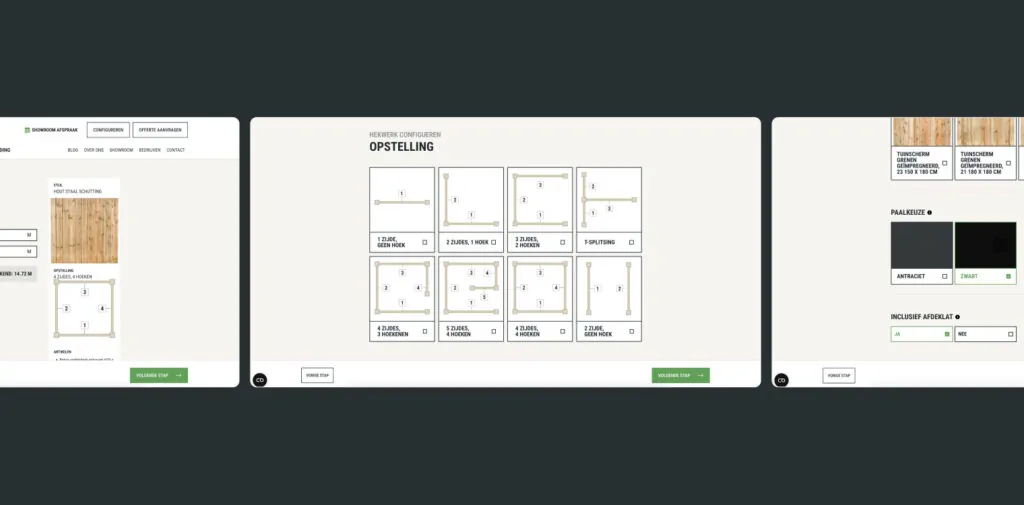 Een configurator op een website waarbij de gebruiker een tuinhek kan samenstellen.
