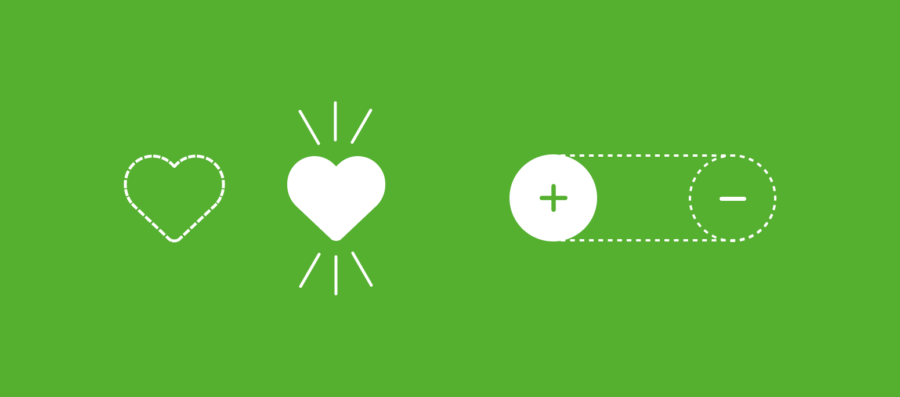 Een groene achtergrond met minimalistische iconen die micro-interacties in een gebruikersinterface weergeven. Links een gestippeld hart dat verandert in een gevuld hart, en rechts een plus-min schuifknop die een actie visualiseert