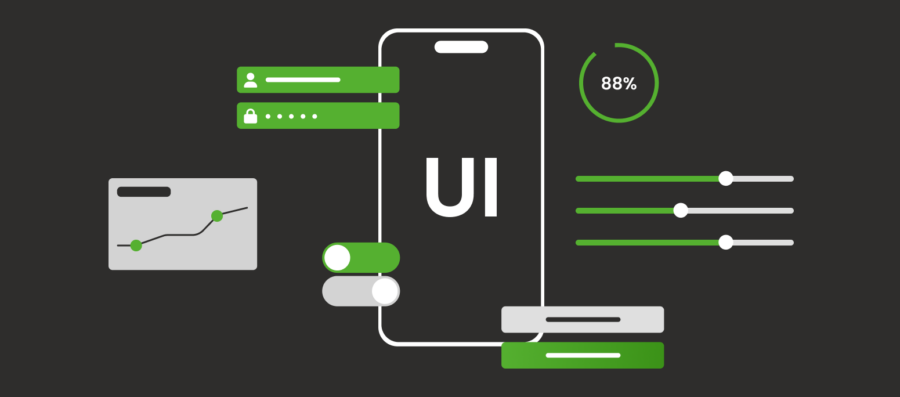 Een visuele representatie van UI (User Interface) design. Een smartphone staat centraal met verschillende UI-elementen zoals schuifbalken, knoppen en grafieken eromheen, voornamelijk in groene en grijze kleuren op een donkere achtergrond
