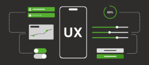 Een uitgebreide visuele representatie van UX (User Experience) design. Een smartphone in het midden wordt verbonden met verschillende UI-elementen door middel van gestippelde lijnen, die de interactie en het gebruiksgemak binnen een ontwerp symboliseren