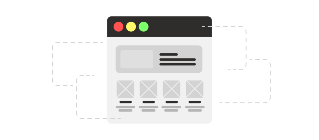 Een schematische wireframe-weergave van een webpagina met een eenvoudig ontwerp. Verschillende grijze blokken vertegenwoordigen interface-elementen zoals knoppen en afbeeldingen, terwijl gestippelde lijnen verbindingen tussen de elementen aangeven
