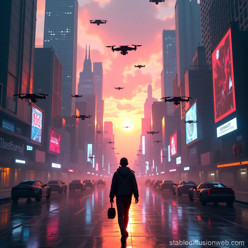 Een man met een aktetas loopt door een cyberpunk-achtige stad, omringd door hoge gebouwen met digitale billboards. De lucht is gekleurd door een oranje-roze zonsondergang, terwijl meerdere drones in de lucht vliegen.