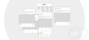 Een abstracte weergave van een smartphone en meerdere zwevende interface-elementen die een Facebook-tijdlijn en interacties zoals likes en reacties voorstellen