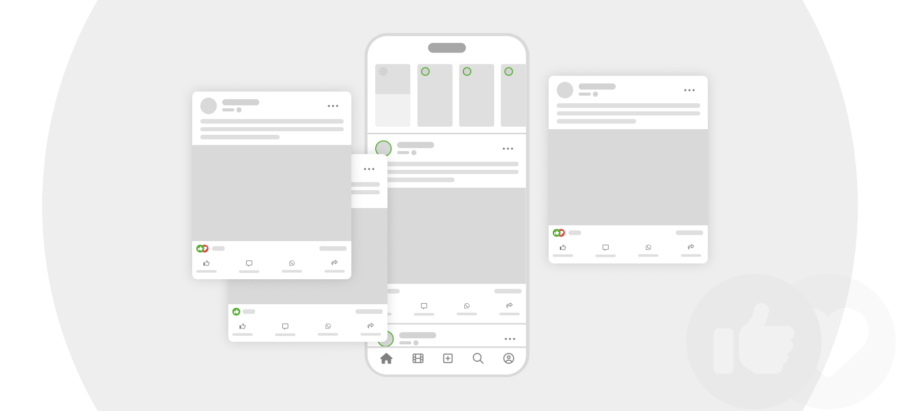 Een abstracte weergave van een smartphone en meerdere zwevende interface-elementen die een Facebook-tijdlijn en interacties zoals likes en reacties voorstellen
