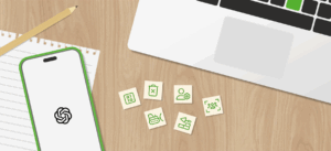 Illustratie van AI-bouwstenen met pictogrammen voor data, algoritmes en AI-toepassingen naast laptop en smartphone op een bureau.