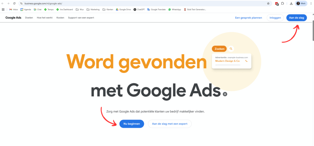 Startpagina van Google Ads in het Nederlands met knoppen 'Aan de slag' en 'Nu beginnen' om een nieuwe campagne te starten.