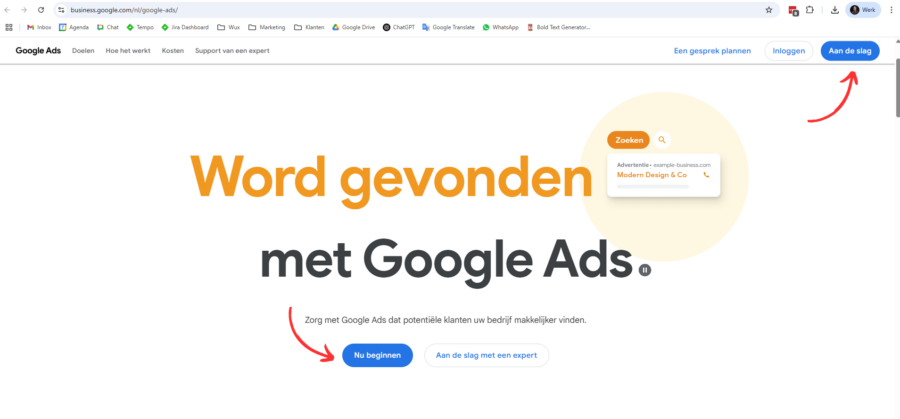 Startpagina van Google Ads in het Nederlands met knoppen 'Aan de slag' en 'Nu beginnen' om een nieuwe campagne te starten.