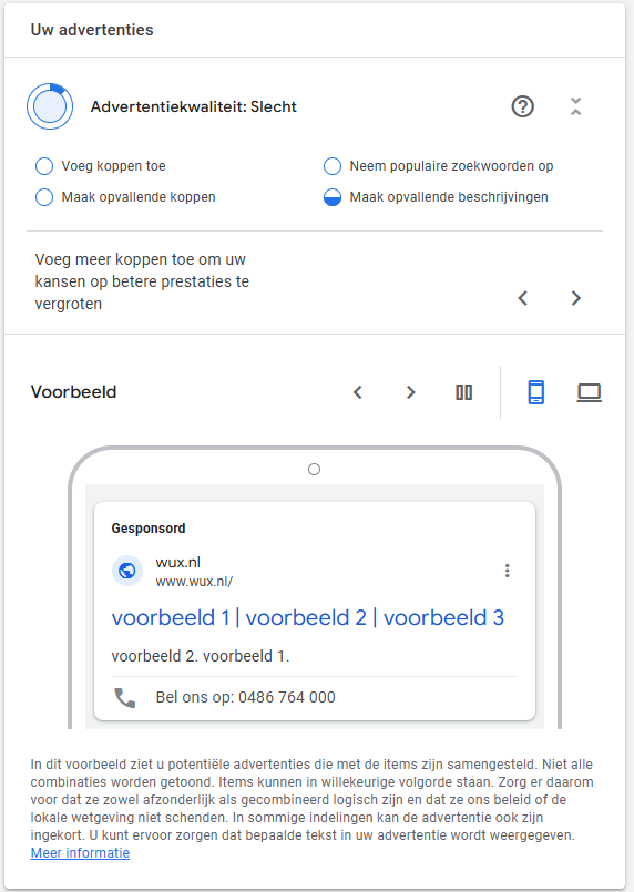 Close-up van de voorbeeldweergave van een Google Ads-advertentie met feedback dat de advertentiekwaliteit slecht is en suggesties om deze te verbeteren.