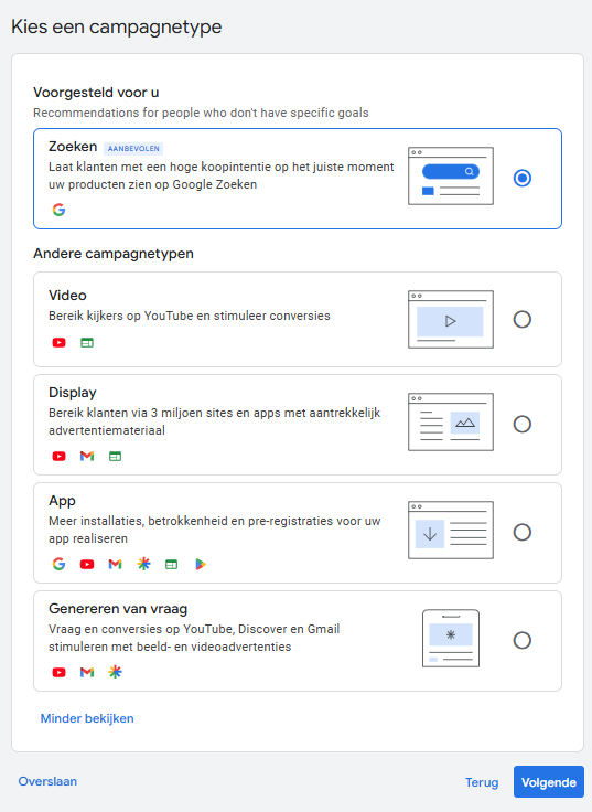 Google Ads-scherm om een campagnetype te kiezen, met opties zoals Zoeken, Video, Display, App en Genereren van vraag.