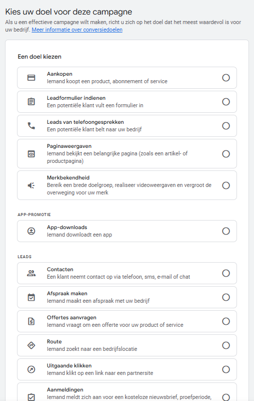 Google Ads-scherm om een specifiek campagnedoel te kiezen, met opties zoals Aankopen, Leadformulier indienen, Leads via telefoongesprekken, Paginabezoeken en meer.
