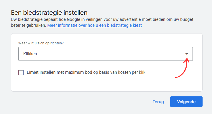 Google Ads-scherm voor het instellen van een biedstrategie, met een keuzelijst voor focus (bijvoorbeeld klikken) en de optie om een maximumbod per klik in te stellen.