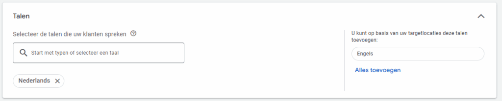 Google Ads-sectie om talen te selecteren voor de campagne, met standaard de taal Nederlands en de suggestie om Engels toe te voegen.