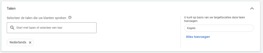Google Ads-sectie om talen te selecteren voor de campagne, met standaard de taal Nederlands en de suggestie om Engels toe te voegen.