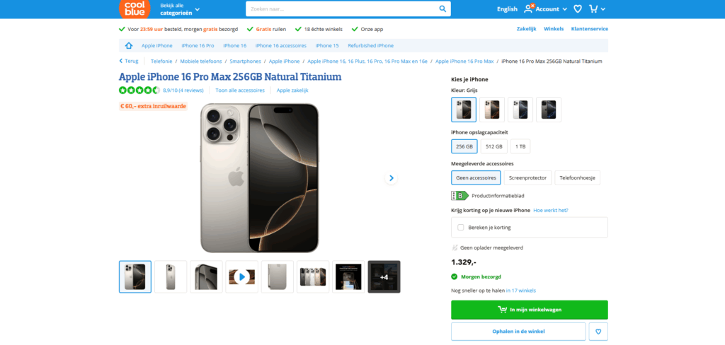 Productpagina van een iPhone 16 Pro Max op de Coolblue website.