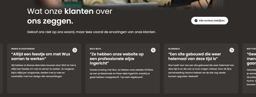 Meerdere blokken met verschillende klantbeoordelingen op de Wux website.
