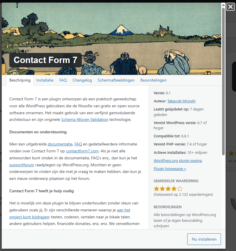 Detailweergave van de plugin Contact Form 7 met tabbladen zoals Beschrijving, Installatie, FAQ en meer details over versie, auteur en vereisten.