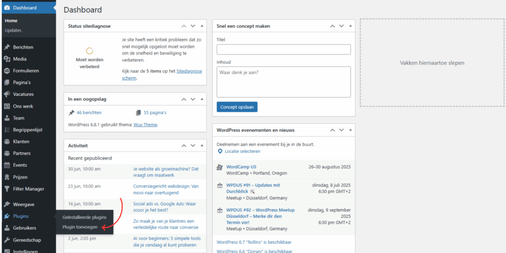 Dashboard van WordPress met een uitgevouwen Plugins-menu waarin de optie ‘Plugin toevoegen’ is geselecteerd.