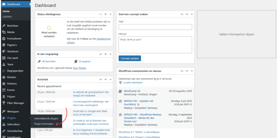 Dashboard van WordPress met een uitgevouwen Plugins-menu waarin de optie ‘Plugin toevoegen’ is geselecteerd.